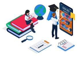 Group of students reading books from online library on smartphone, isometric e-learning illustration concept. Group of people access online book library at cell phone. Vector
