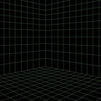 Grid room in perspective, vector illustration in 3d style. Indoor wireframe from green lines, template interior square, digital empty box. Laser beam on black background