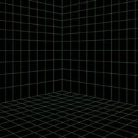 Grid room in perspective, vector illustration in 3d style. Indoor wireframe from green lines, template interior square, digital empty box. Laser beam on black background