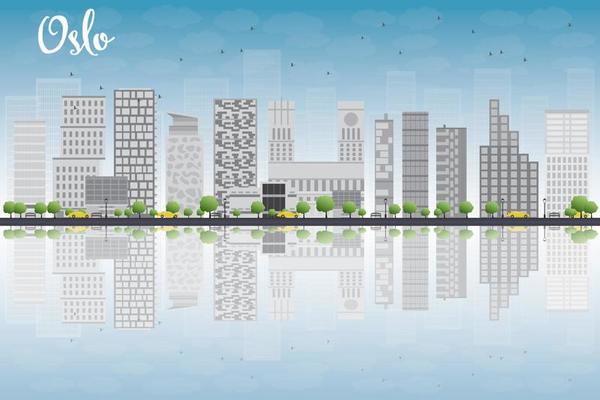 Oslo Skyline with Grey Building, Blue Sky and reflections.