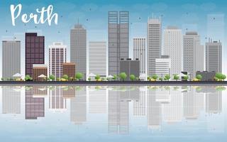 Perth skyline with grey buildings, blue sky and reflection. vector
