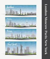 London, Moscow, Paris, New York. Set of four city skyline banners. vector