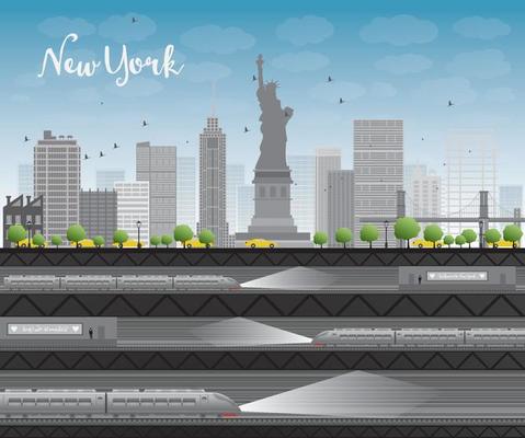 New York city skyline with blue sky, clouds, yellow taxi and train.