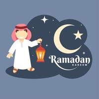 Ramadan Kareem and Eid Greeting Card, cute boy holding moroccan lantern, on crescent moon, stars and clouds background. vector illustration.