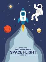 ilustración vectorial de un astronauta y un lanzamiento de cohetes al espacio, como pancarta, afiche o plantilla para el día internacional del vuelo espacial humano. vector
