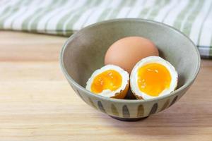 half medium-boiled eggs in Japanese Bowl photo