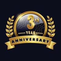 3rd year anniversary golden logo or badge with ring and ribbon, laurel wreath lines vector design