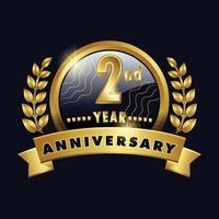 2nd anniversary golden logo or badge with ring and ribbon, laurel wreath lines vector design