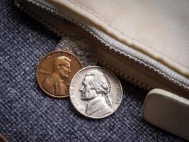 US dollar coins placed outside the wallet. photo