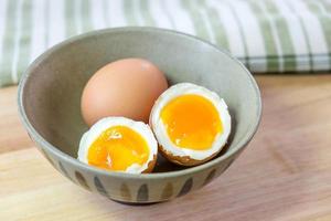 half medium-boiled eggs in Japanese Bowl photo