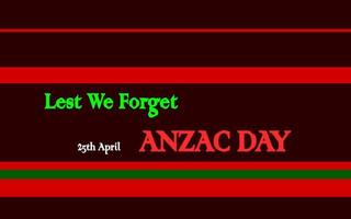 Anzac Day vector card or banner, illustration with lest we forget 25th Aprils phases on black and red and green background.. National Day of Remembrance in Australia and New Zealand.