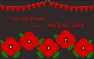 Anzac Day vector card or banner, illustration with poppy flower and green leaves and lest we forget 25th Aprils phases. National Day of Remembrance in Australia and New Zealand.