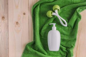 Set of baby accessories for hygiene on wooden table. photo