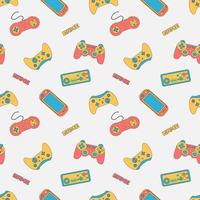 Cute Seamless Abstract Pattern In Pixel Game Style. Colorful Gamer Template With Gamepads, Game Slogans And Gamer Aesthetics. vector