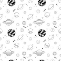 Doodle Seamless Pattern With Space Theme. Planets Of The Solar System. Outline Illustration vector