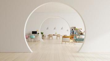 salón blanco y comedor moderno con muebles de madera. foto