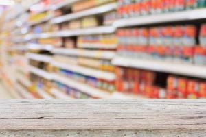 mesa vacía sobre supermercado borroso con fondo bokeh, estantería de productos foto