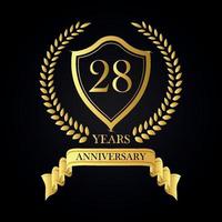 Corona de laurel dorada de aniversario de 28 años, conjunto de etiquetas de aniversario, conjunto vectorial de logotipo de signos dorados de aniversario