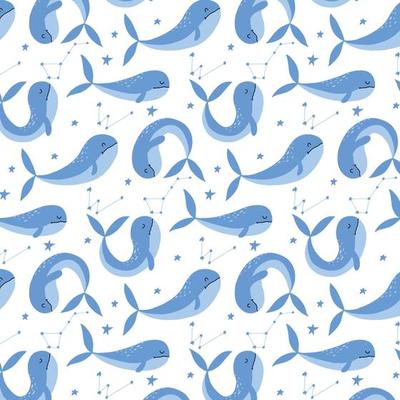 pattern with cute blue whales and seaweeds. Children's hand-drawn pattern. Vector pattern with sea animals.