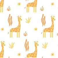 Childish pattern with cute giraffe. Drawn pattern with giraffe and plants Vector illustration.