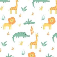 Childish pattern with jungle animals. Hand-drawn cute pattern with crocodile, lion and giraffe. Safari pattern.Vector illustration.