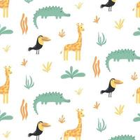 Childish pattern with jungle animals. Hand-drawn cute pattern with crocodile, toucan and giraffe. Safari pattern.Vector illustration.