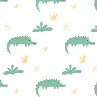 Childish pattern with cute crocodile and plants. Drawn pattern with crocodile. Alligator pattern. Vector illustration. Suitable for fabrics, wrapping paper, wallpapers.