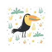 Cute toucan with plants. Children's poster with a toucan. Bird with a big beak.Hand drawing. Vector illustration. Suitable for prints, postcards, posters.