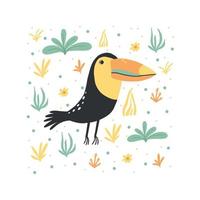 lindo tucán con plantas. cartel infantil con un tucán. pájaro con un gran dibujo beak.hand. ilustración vectorial adecuado para impresiones, postales, carteles. vector