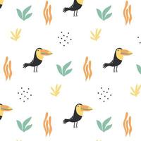 Childish pattern with cute toucans. Hand-drawn pattern with a toucan and plants. vector