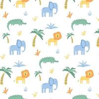 Childish seamless pattern with jungle animals and palm trees. Hand drawn cute pattern with crocodile, lion and elephant. Safari pattern. Vector illustration.