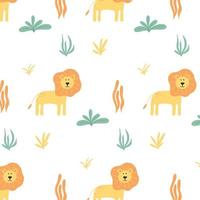 Childish pattern with cute lions and plants. Exotic pattern. Hand-drawn pattern with jungle. Vector illustration.