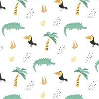 Childish pattern with jungle animals. Hand-drawn cute pattern with crocodile, toucan and palm. vector