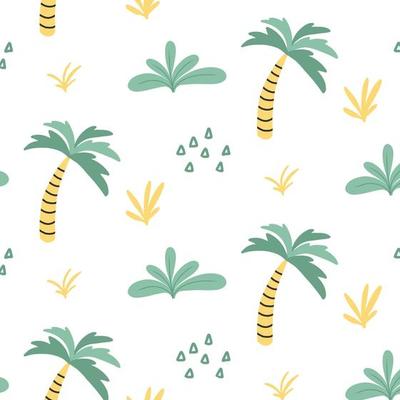 Childish pattern with palm trees. Pattern with exotic plants. Hand-drawn pattern with jungle.