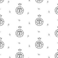 Childish pattern with lion and crown. Doodle style. Cute pattern with lion head. Vector illustration.