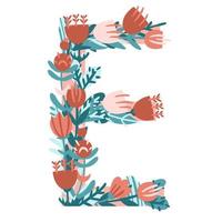 letra e. monograma vectorial dibujado a mano que consta de flores, ramas y hojas sobre un fondo blanco. flores en estilo plano. vector