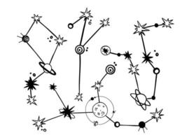 juego de garabatos con constelaciones de diferentes formas. garabatear planetas y satélites. ilustración dibujada a mano. vector