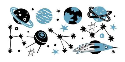 flat set with constellations of different shapes, planets, stars, satellite and rocket. vector hand-drawn illustration.