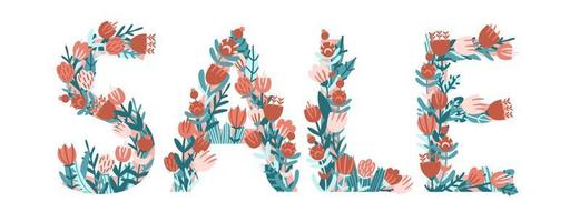 venta de letras de flor. venta de primavera. monograma vectorial dibujado a mano que consta de flores, ramas y hojas sobre un fondo blanco. flores en estilo plano. vector