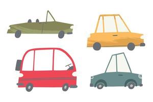 ambientado con lindos autos dibujados en un estilo plano. coches con texturas. ilustración vectorial aislado sobre fondo blanco. vector