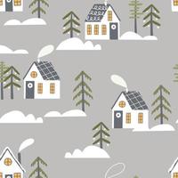 flat pattern with winter houses, fir trees, snow drifts. design for fabric, wrapping paper, background. vector