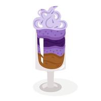 Lavender trifle, a dessert laid out in layers in a glass glass, decorated with whipped cream and flowers. Cute, cozy vector illustration. For a holiday card, banner, menu, coffee shop flyer.