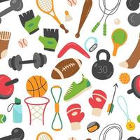 Seamless pattern with sports equipment. Boxing, ball, football, volleyball, tennis, racket, dumbbells, kettlebell, water bottle. Vector background for printing on textiles, fabrics, packaging.