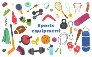 Sports equipment set of elements. Balls for American football and volleyball, punching bag and gloves, tennis racket, dumbbells, kettlebell, jump rope, mat. Vector collection for physical education.