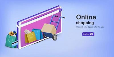 mensajes con bolsa de compras y tarjeta para compras en línea vector
