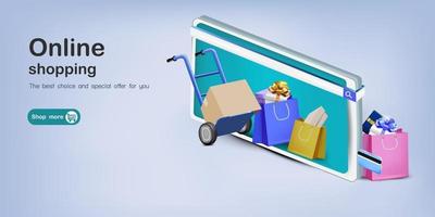 Cart with shopping bag and gift box for online shopping vector