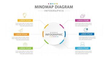 plantilla infográfica para negocios. Diagrama de mapa mental de 6 pasos, infografía vectorial de presentación. vector