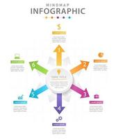 plantilla infográfica para negocios. Diagrama de mapa mental moderno de 6 pasos con flechas, infografía vectorial de presentación. vector