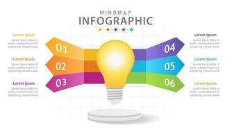 plantilla infográfica para negocios. Diagrama de mapa mental moderno de 6 pasos con bombilla, infografía vectorial de presentación. vector