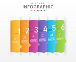 plantilla infográfica para negocios. Diagrama de mapa mental moderno de 6 pasos con cajas, infografía vectorial de presentación. vector